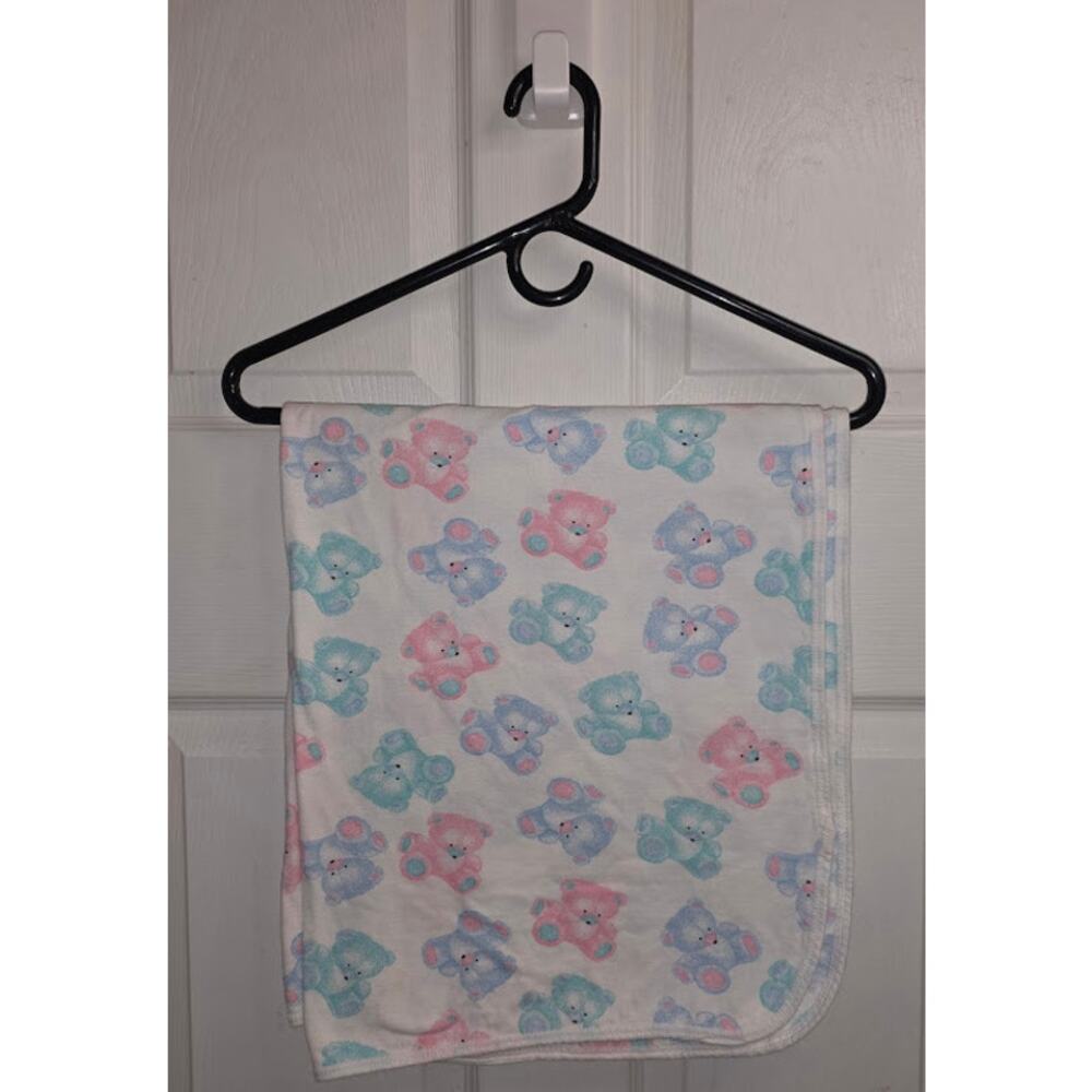Vintage Carter's 90s Baby Blanket Pastel Teddy Bear White Green Pink Blue USA